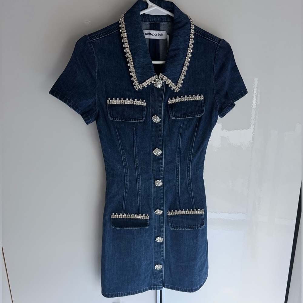 Self-Portrait Embellished Dark Denim Dress